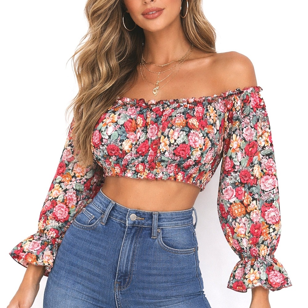 Shein‎ Womens Top 2XL Boho Peasant Fairy Cropped Off Shoulder Floral Multicolor